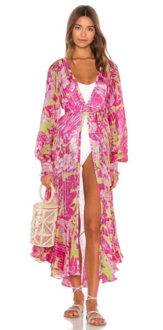 Rococo Sand Floral Print Long Sleeve Kimono Duster Wrap Dress
